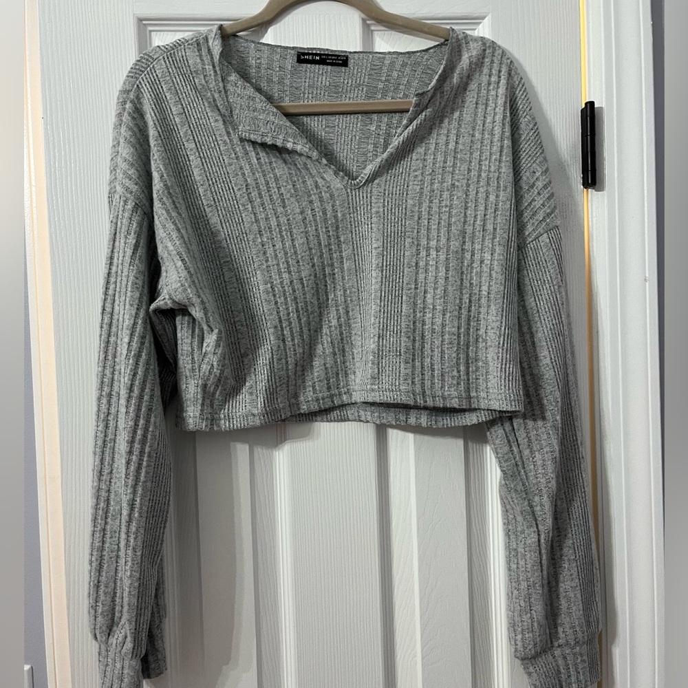 Women's Large Gray Ribbed Cropped Long Sleeve Tee